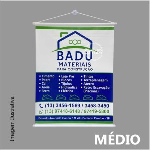 Banner Médio - 0,80x1,0 mts Lona 440g 0,80x1,0 metros Colorido frente 4x0 Sem revestimento Bastão em cima e em baixo, e cordão de nylon branco 