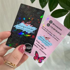 Cartão de Visitas Holograficos Couche 300g 5x8,8 cm Colorido Frente e Verso - 4x4 Plastificação Holografica Corte Reto 