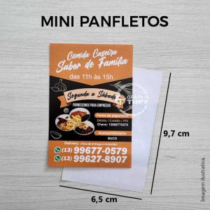 Mini Panfletos Couche 90g 6,5x9,7 cm Colorido frente 4x0 Sem revestimento Corte reto 